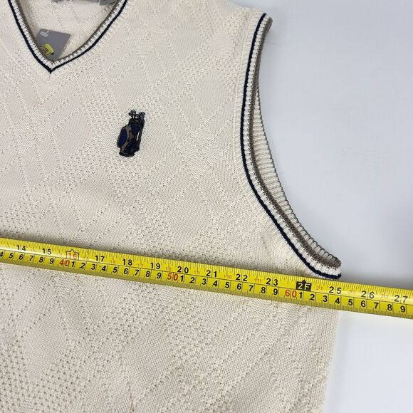 Vtg USA Made Sweater Vest Men’s XL Cream Blue Khaki Golf Bag Logo Cyprus Links - Picture 8 of 12